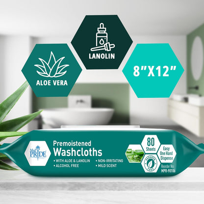 MedPride Disposable XL Premoistened Washcloths 8" x 12", 80 Sheets / Case of 6 (480 Count)