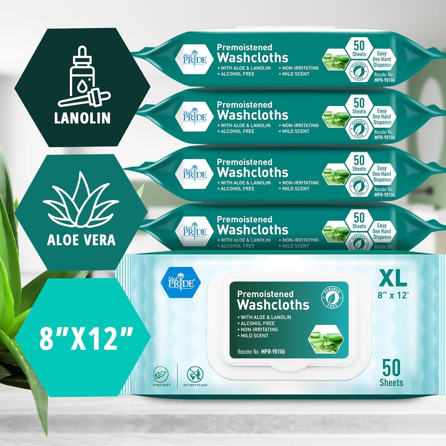 MedPride Disposable XL Premoistened Washcloths 8" x 12", 50 Sheets / Case of 6 (300 Count)