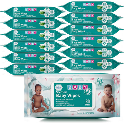 MedPride Baby Wipes, Scented with Aloe Vera and Vitamin E, Blue, 6"x7.5" - 80/Pack, Case of 24 (1920 count)