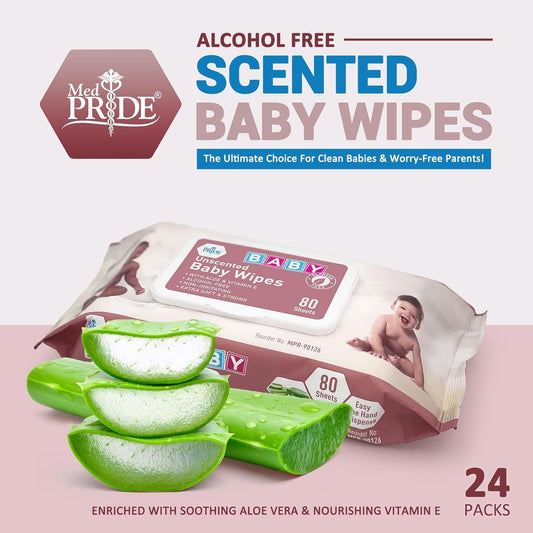 MedPride Baby Wipes, Unscented with Aloe Vera and Vitamin E, Pink 6" x 7.5", 80/Pack, Case of 24 (1920 count)