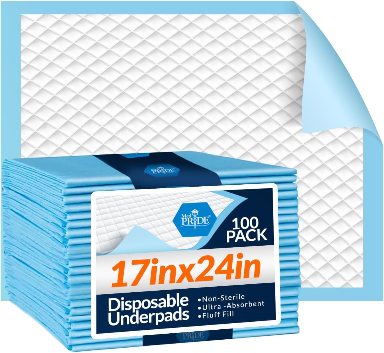 MedPride Disposable Underpads, 17" x 24" (22 grams) 100 Pads, 3 packs/Case (300 Count)