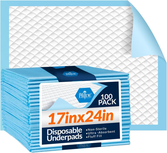 MedPride Disposable Underpads, 17 x 24 w/ 2-Ply Tissue - 100/pack, Case of 3 (300 Count)