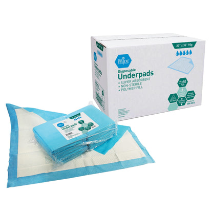 MedPride Disposable Underpads with Polymer, 30"x36" (90 gram) 50/pack, Case of 2 (100 Count)