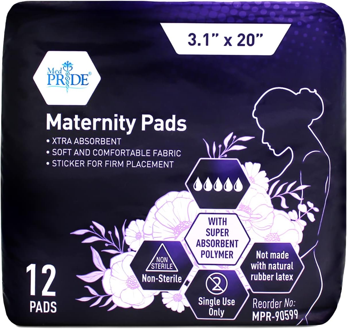 MedPride Individually Wrapped Postpartum Maternity Pads, 16 grams, 3.1" x 20", 24 Packs of 12 (288 count)