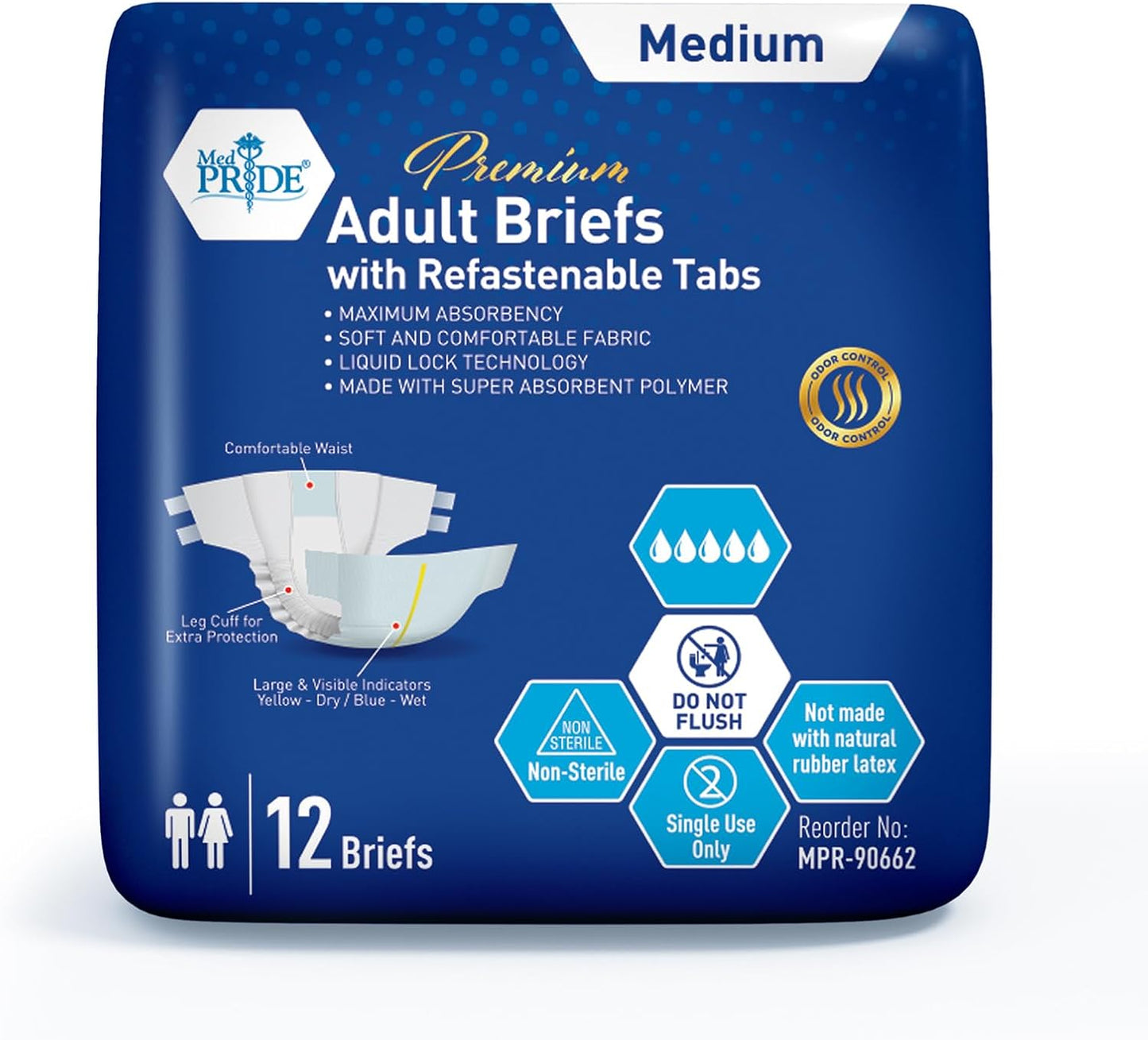 MedPride Adult Briefs with Refastenable Tabs, Medium, 8 Packs of 12 (96 count)