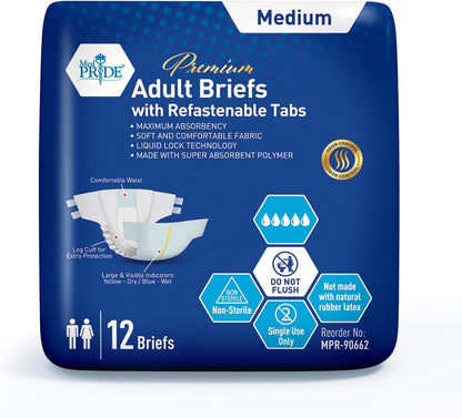 MedPride Adult Briefs with Refastenable Tabs, Medium, 8 Packs of 12 (96 count)