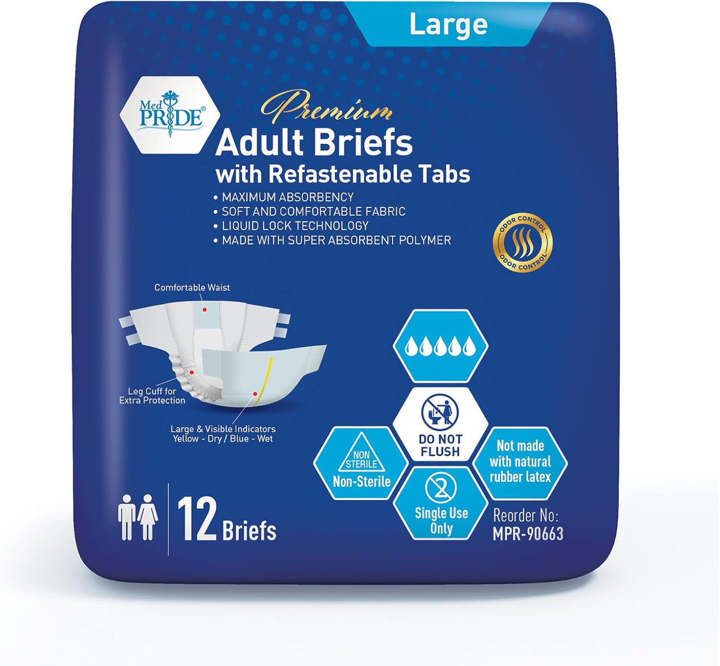 MedPride Adult Briefs with Refastenable Tabs, Large Size, 6 Packs of 12 (72 count)