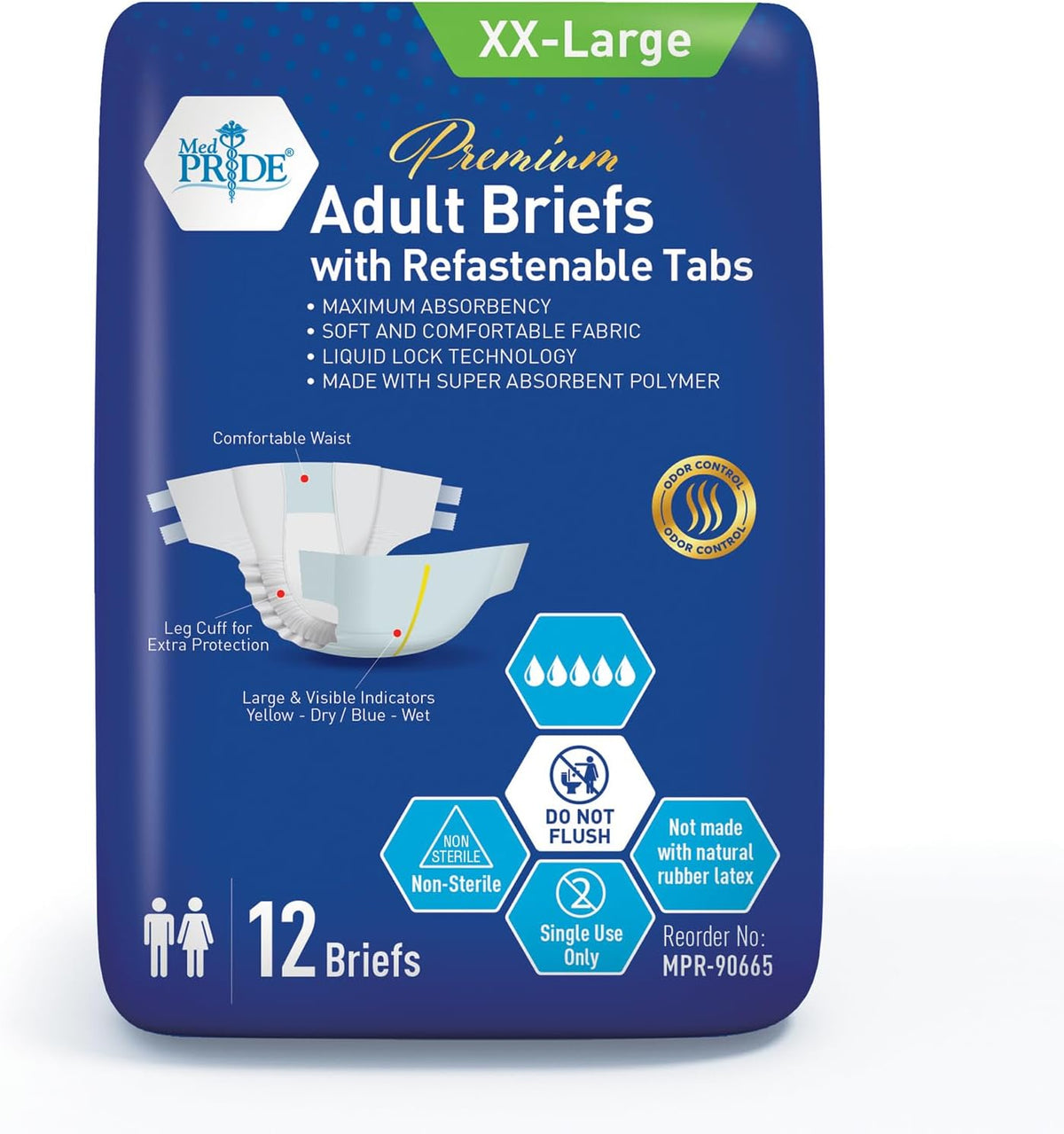 MedPride Adult Briefs with Refastenable Tabs, Large Size, 6 Packs of 12 (72 count)