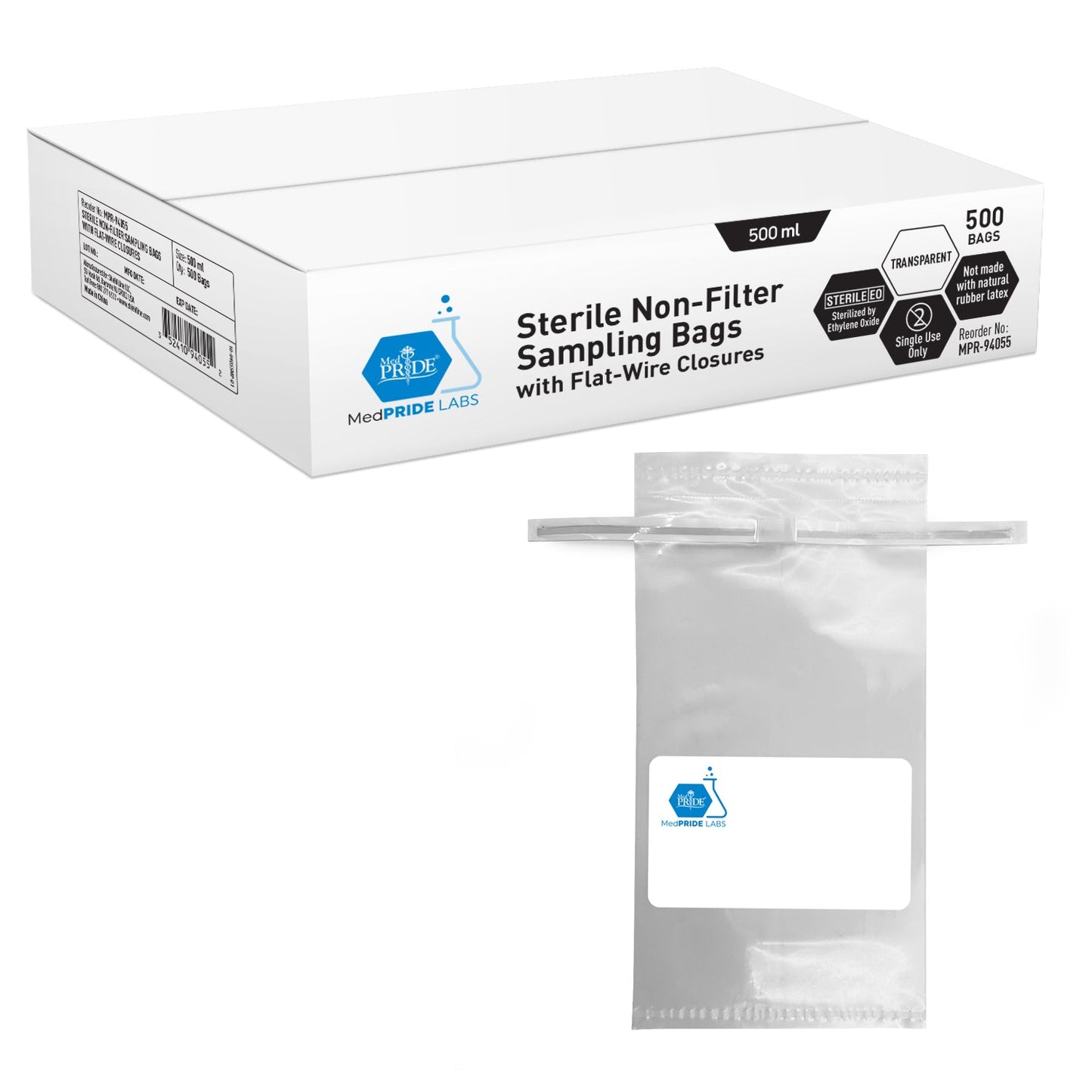 MedPride Sterile Non-Filter Sampling Bags with Flat-Wire Closure 500 ml, 500 Bags / Case of 2 (1000 count)