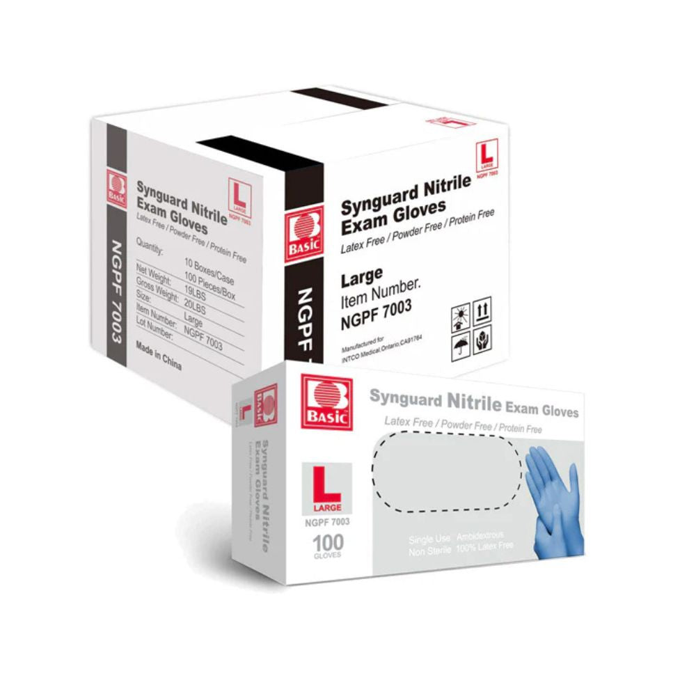 Basic Medical Synguard Nitrile Blue Exam Gloves Powder Free, Latex Free 1000 count