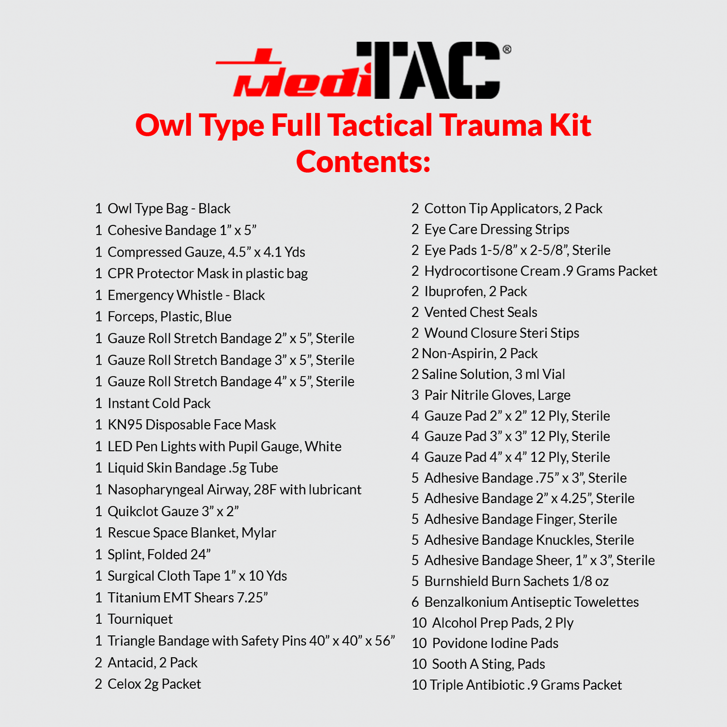 Small Rip-Away Owl Type Full Tactical Trauma Kit