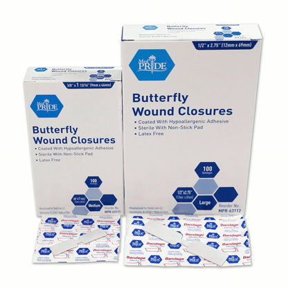 MedPride Adhesive Bandage, Butterfly Wound Closures Fabric, 1/2" x 2.75" Large, Sterile - 100/Box, Case of 24 (2400 Count)