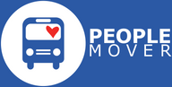 Logo of PeopleMover with a bus icon and heart on a blue background