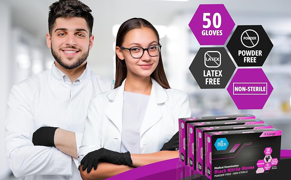 MedPride Black Nitrile Exam Gloves Powder Free Non Sterile - 4 Mil Thick- 50 Gloves / Case of 20 (1000 count)