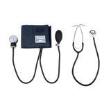 Blood pressure monitor and stethoscope on a white background