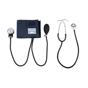 Blood pressure monitor and stethoscope on a white background