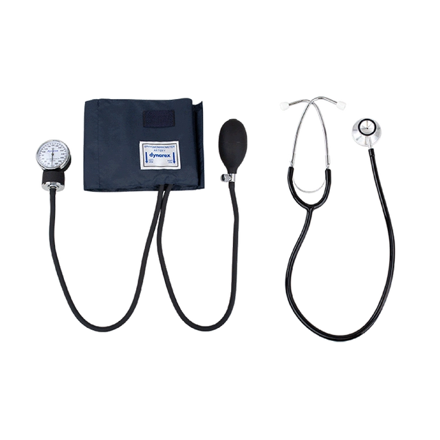 Blood pressure monitor and stethoscope on a white background