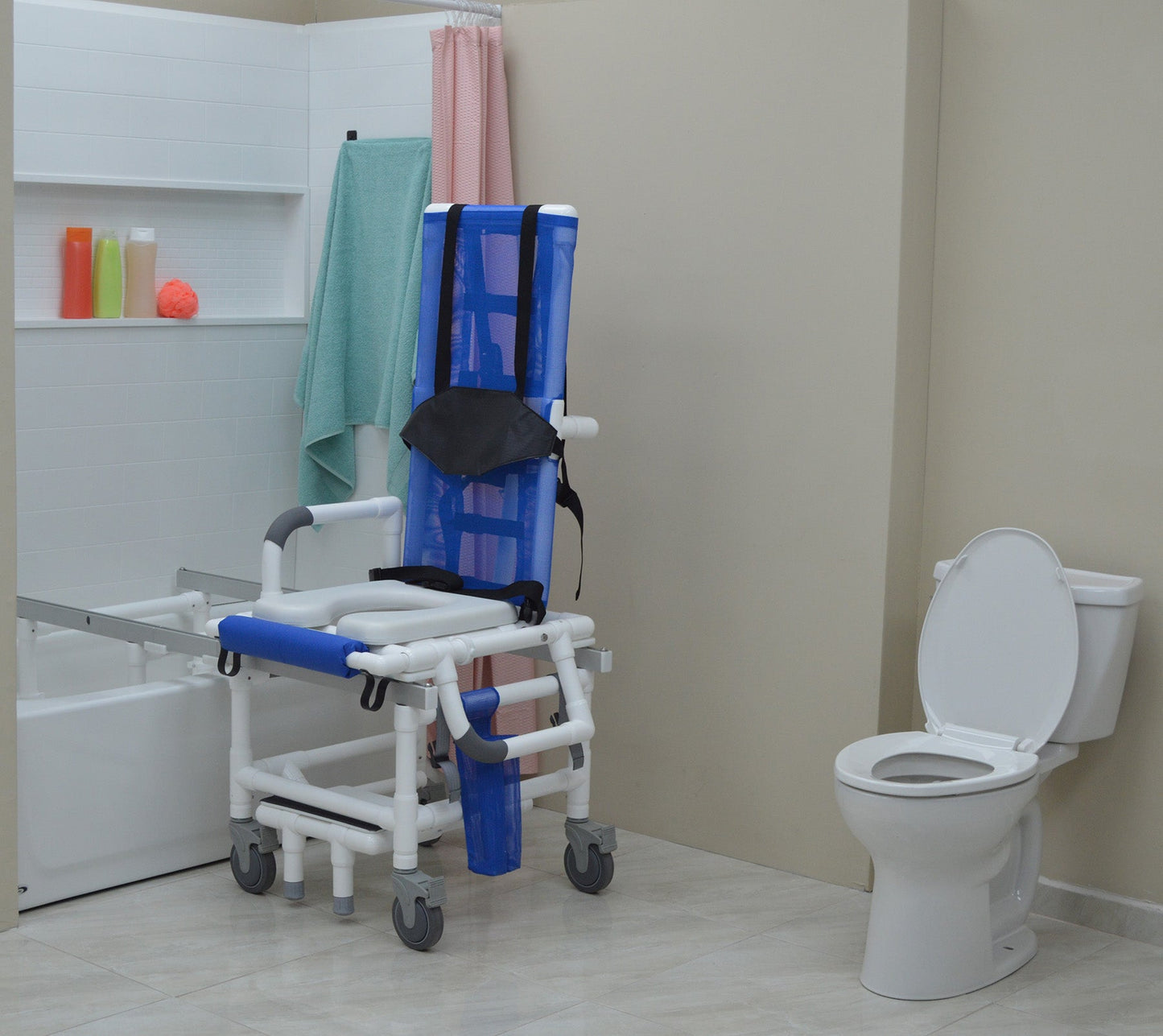 MJM International D118-5-TIS-SLIDE-N Dual Shower/Transferchair With Tilt Slider With Deluxe Elongated Open Front Soft Seat And Dual Drop Down Armrests