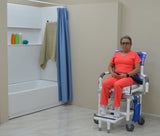 MJM International D118-5-SLIDE-N Deluxe All Purpose Dual Shower Chair/Transfer Bench (Excellent Lateral Transfer), Open Front Soft Seat, Buckle Safety Belt, Double Drop Arms, 5" x 1 1/4" Heavy Duty Casters, 300 lbs Weight Capacity