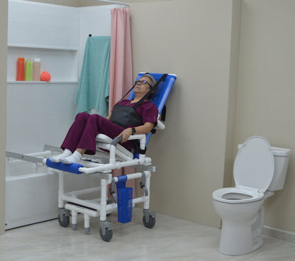 MJM International D118-5-TIS-SLIDE-N Dual Shower/Transferchair With Tilt Slider With Deluxe Elongated Open Front Soft Seat And Dual Drop Down Armrests