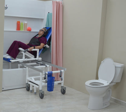 MJM International D118-5-TIS-SLIDE-N Dual Shower/Transferchair With Tilt Slider With Deluxe Elongated Open Front Soft Seat And Dual Drop Down Armrests