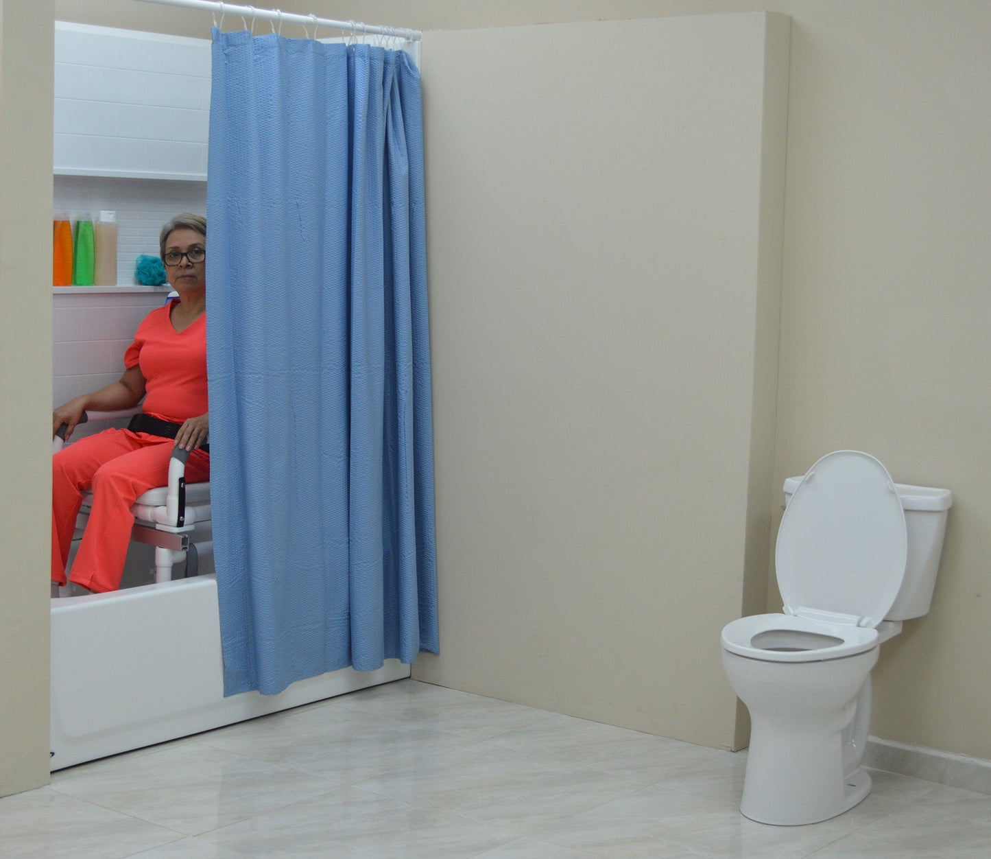 MJM International D118-5-SLIDE-N Deluxe All Purpose Dual Shower Chair/Transfer Bench (Excellent Lateral Transfer), Open Front Soft Seat, Buckle Safety Belt, Double Drop Arms, 5" x 1 1/4" Heavy Duty Casters, 300 lbs Weight Capacity