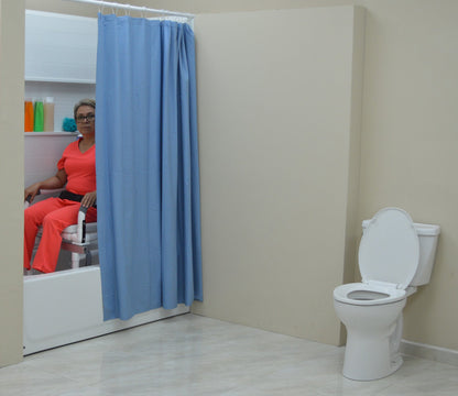 MJM International D118-5-SLIDE-N Deluxe All Purpose Dual Shower Chair/Transfer Bench (Excellent Lateral Transfer), Open Front Soft Seat, Buckle Safety Belt, Double Drop Arms, 5" x 1 1/4" Heavy Duty Casters, 300 lbs Weight Capacity