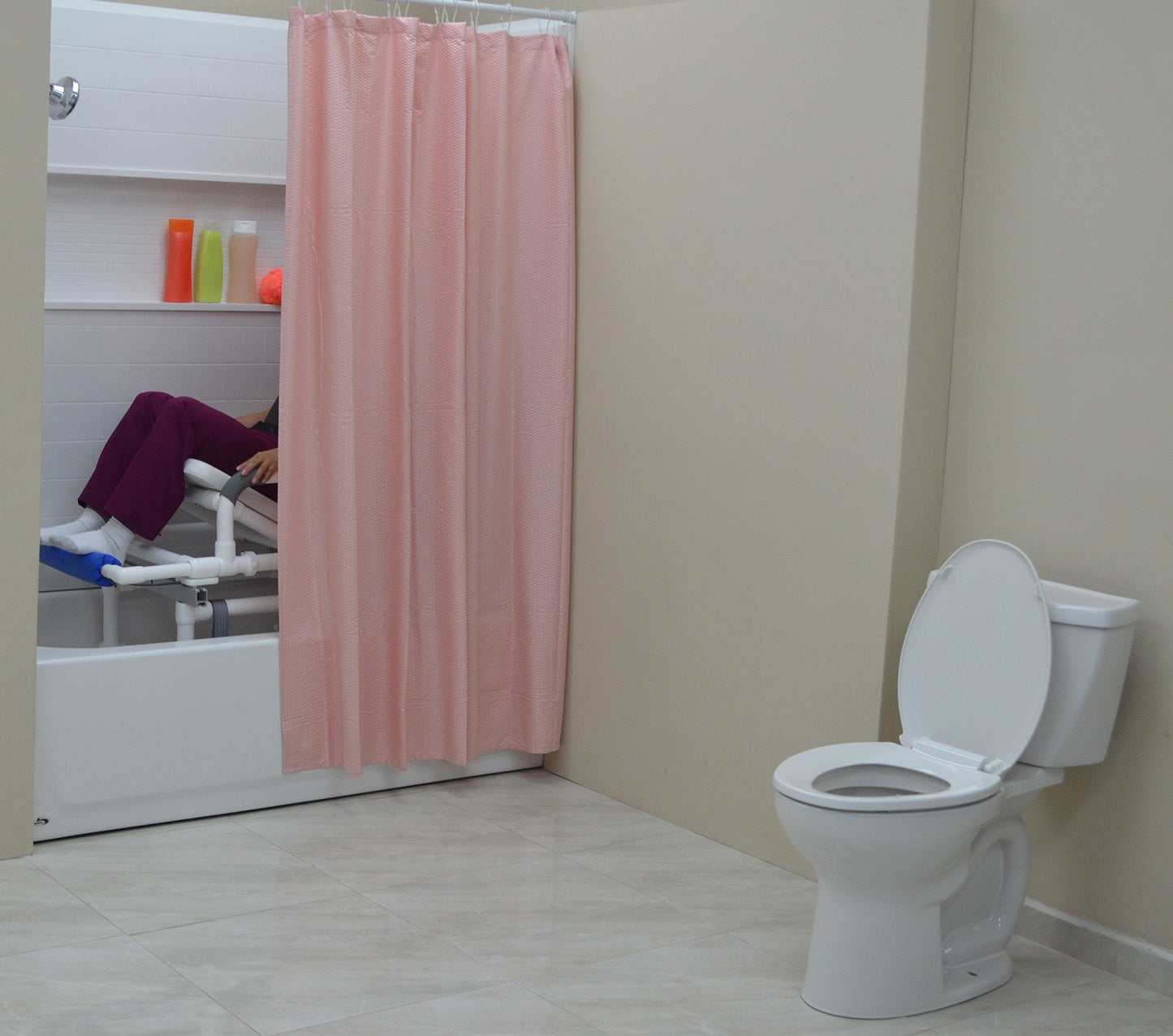 MJM International D118-5-TIS-SLIDE-N Dual Shower/Transferchair With Tilt Slider With Deluxe Elongated Open Front Soft Seat And Dual Drop Down Armrests