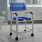 MJM International 118-3TW-SSDE-BL Shower Chair 18" Internal Width, 3" Twin Casters, Blue Open Front Soft Seat, 300 lbs Weight Capacity