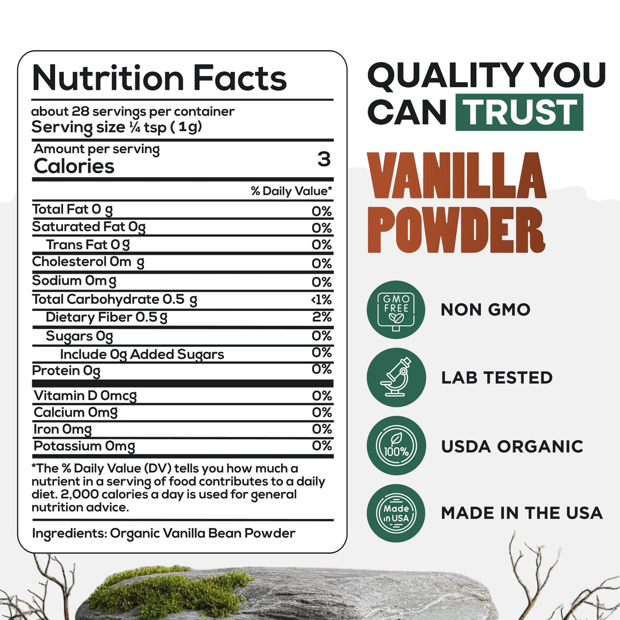 Vanilla Powder, 28 servings - Organic Ground Whole Vanilla Beans