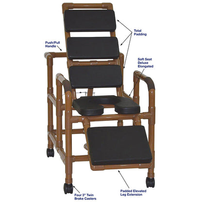 MJM International WT193-SSDE-TP-BLK Wood Tone Reclining TOTAL Black padding shower chair with open front soft seat and elevated leg extension, 325 lbs weight capacity