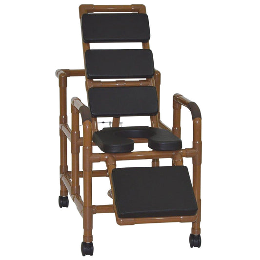 MJM International WT193-SSDE-TP-BLK Wood Tone Reclining TOTAL Black padding shower chair with open front soft seat and elevated leg extension, 325 lbs weight capacity