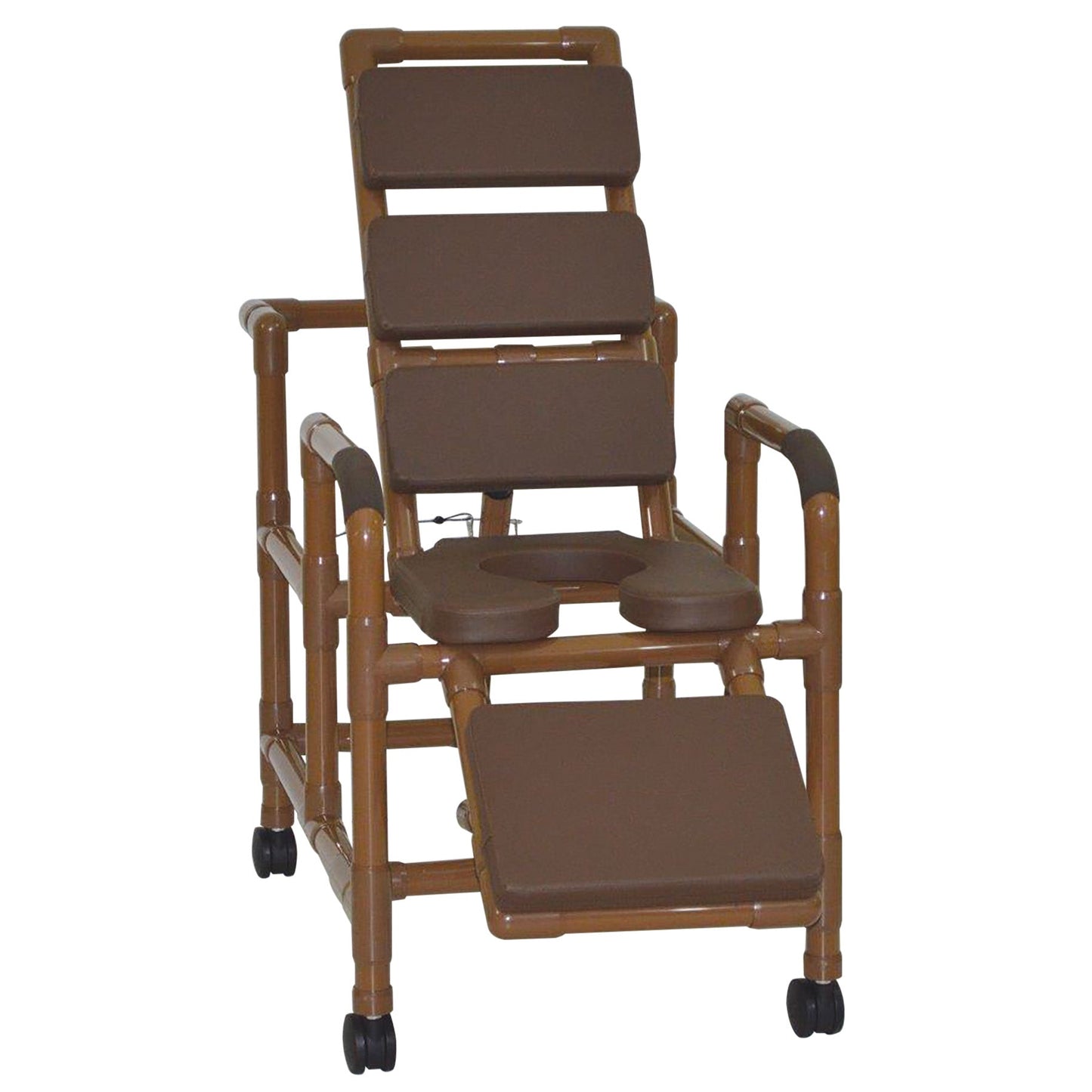 MJM International WT193-SSDE-TP-BRN Wood Tone Reclining TOTAL Brown padding shower chair with open front soft seat and elevated leg extension, 325 lbs weight capacity
