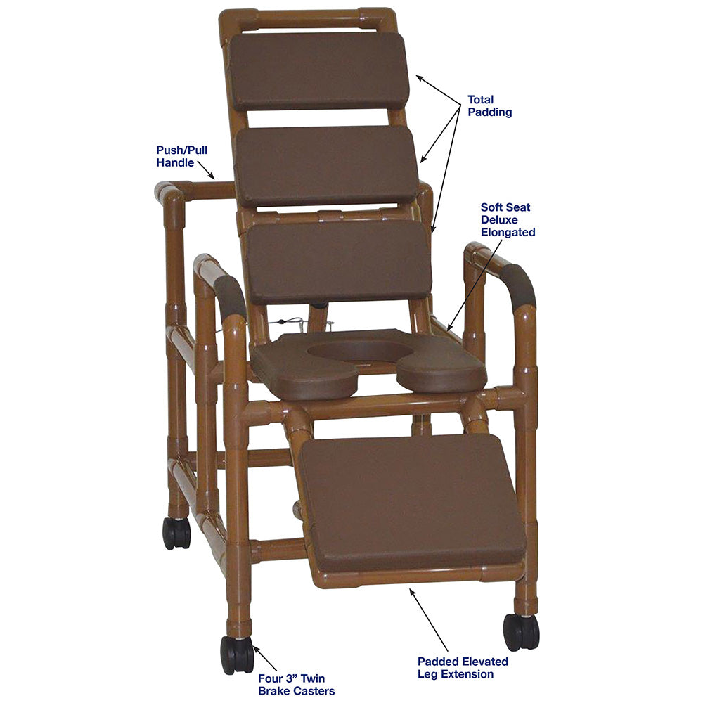 MJM International WT193-SSDE-TP-BRN Wood Tone Reclining TOTAL Brown padding shower chair with open front soft seat and elevated leg extension, 325 lbs weight capacity