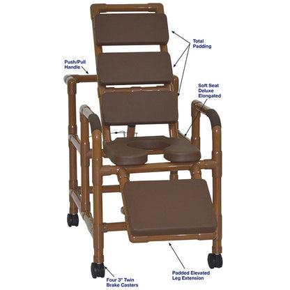 MJM International WT193-SSDE-TP-BRN Wood Tone Reclining TOTAL Brown padding shower chair with open front soft seat and elevated leg extension, 325 lbs weight capacity