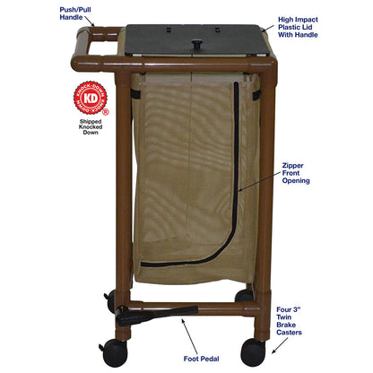 MJM International WT214-S-FP Wood Tone single hamper with mesh bag (23 gallon capacity), 3" twin casters, zipper opening, push / pull handle