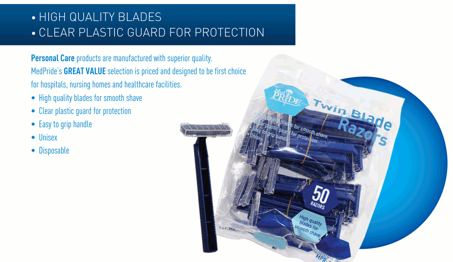 MedPride Twin Blade Razors - 50/pack, Case of 6 (300 count)