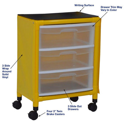 MJM International Y3U3D-ISO-NBP Yellow universal isolation cart with 3 slide out drawers, top writing shelf, no back panel,internal drawer size: 19.125" W x 14" D x 6.5" H