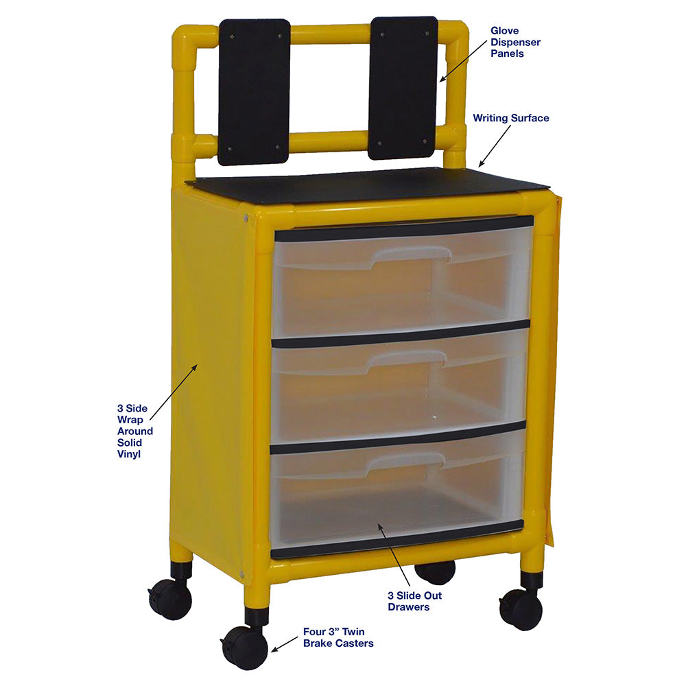 MJM International Y3U3D-ISO Yellow universal isolation cart with 3 slide out drawers, top writing shelf and mounted platform for glove box,internal drawer size: 19.125" W x 14" D x 6.5" H