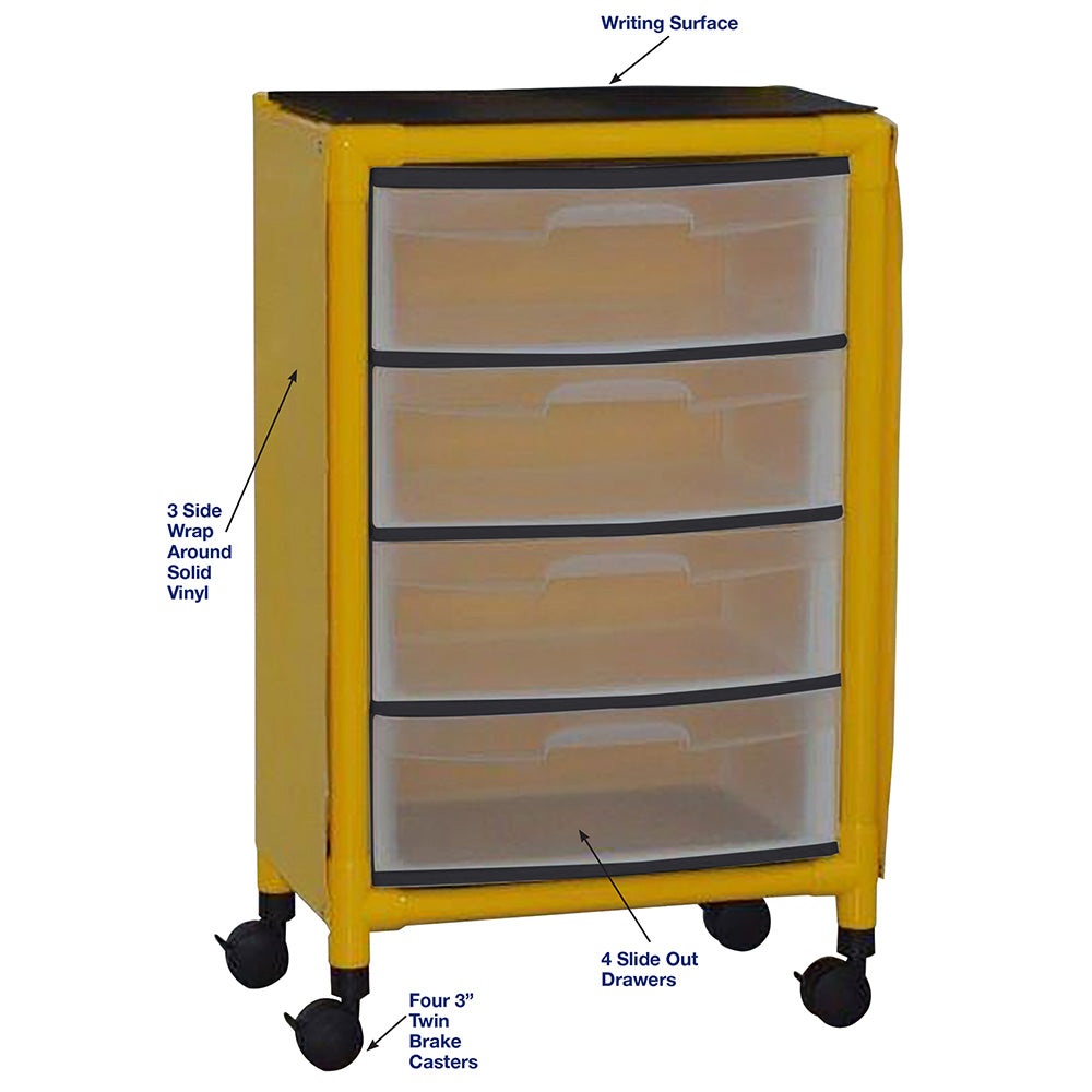 MJM International Y4U4D-ISO-NBP Yellow universal isolation cart with 4 slide out drawers, top writing shelf, no back panel, internal drawer size: 19.125" W x 14" D x 6.5" H