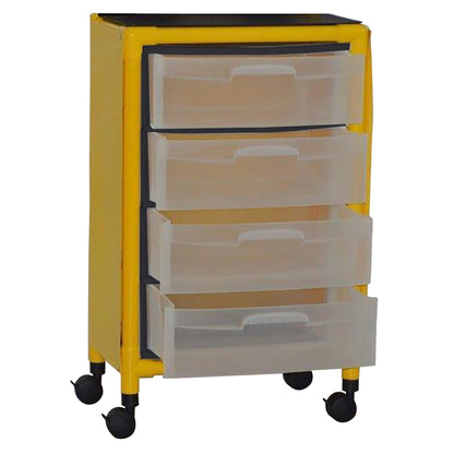 MJM International Y4U4D-ISO-NBP Yellow universal isolation cart with 4 slide out drawers, top writing shelf, no back panel, internal drawer size: 19.125" W x 14" D x 6.5" H