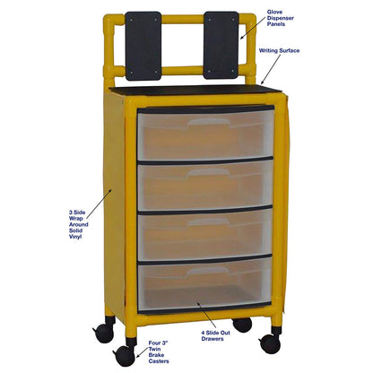 MJM International Y4U4D-ISO Yellow universal isolation cart with 4 slide out drawers, top writing shelf and mounted platform for glove box, internal drawer size: 19.125" W x 14" D x 6.5" H