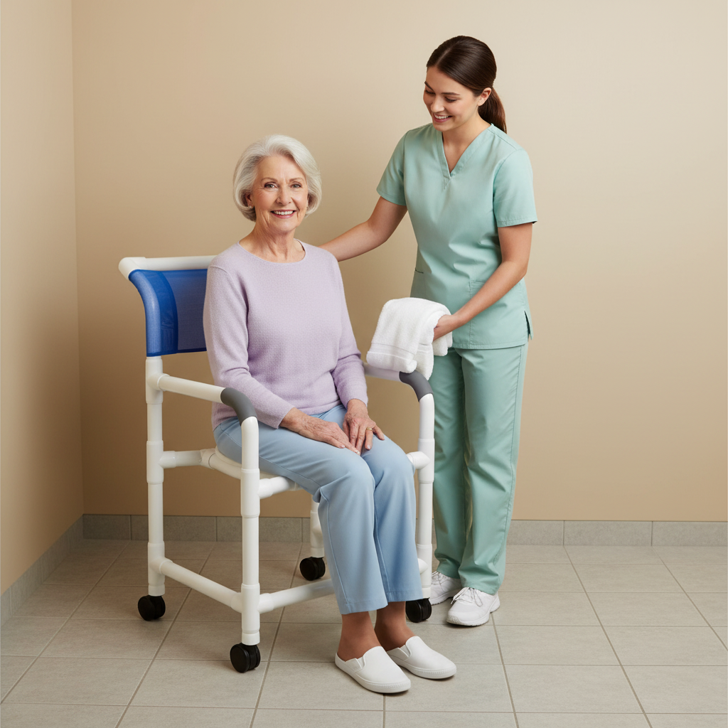 MJM International 122-3TW Wide Shower Chair 22" Internal Width, Open Front Seat, 3" Twin Casters,  375 Lbs Weight Capacity