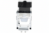 MJM International 118-3TW-DDA-SF-SQ-PAIL Shower chair 18" internal width, open front seat, 3" twin casters, with double drop arms, slide out footrest and 10 qt slide out square commode pail, 300 lbs weight capacity