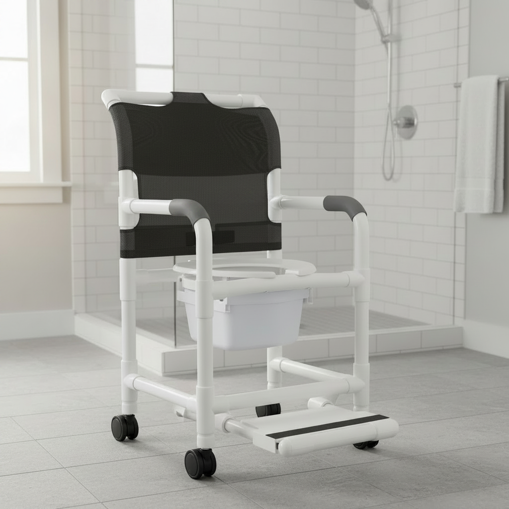 MJM International 118-3TW-DDA-SF-SQ-PAIL Shower chair 18" internal width, open front seat, 3" twin casters, with double drop arms, slide out footrest and 10 qt slide out square commode pail, 300 lbs weight capacity