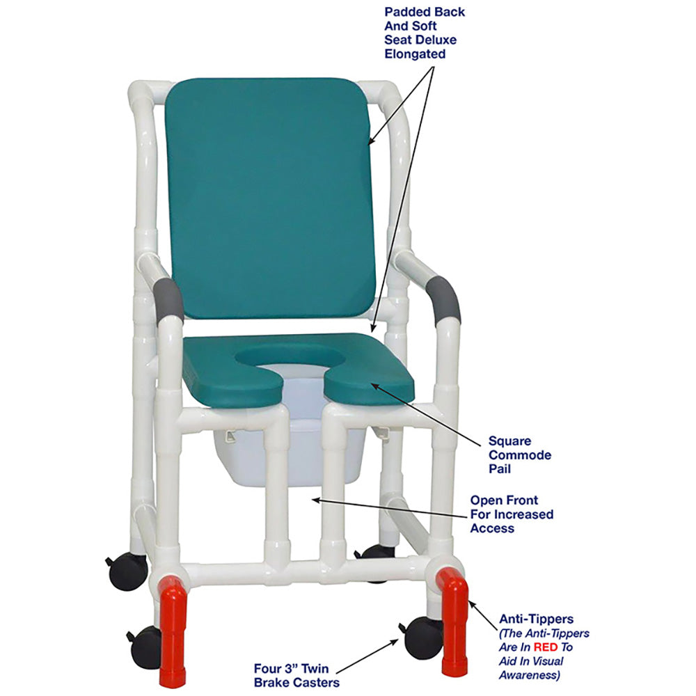 MJM International 118-3TW-SSDE-CBP-OB-OF-SQ-PAIL-AT Shower Chair With Soft Seat Deluxe Elongated, Cushion Back, Open Front, Square Pail And Anti-Tippers