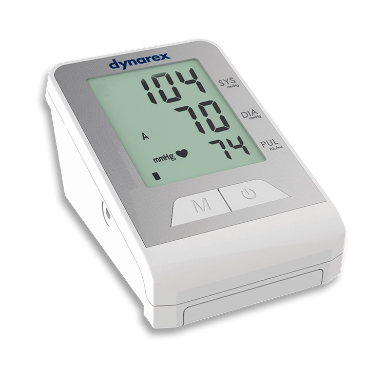 Blood pressure monitor with digital display on a white background