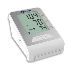 Blood pressure monitor with digital display on a white background