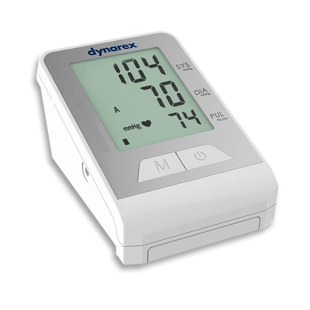 Blood pressure monitor with digital display on a white background