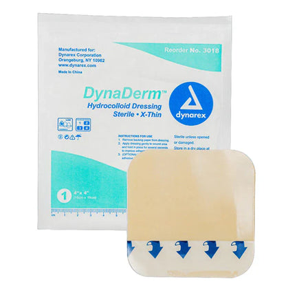Dynarex DynaDerm - Hydrocolloid Dressing - Extra Thin, 4" x 4", 10ea/bx, 12bxs/cs (120 Count)
